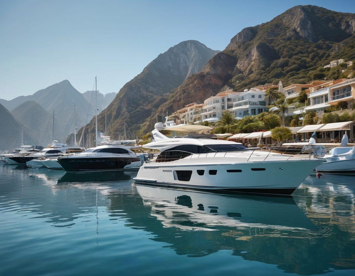 A tranquil marina scene showcasing a variety of vessels, from elegant sailboats to sleek motor yachts, gliding on calm waters under a clear sky. Include subtle safety elements such as life jackets and navigation tools in the foreground, with a backdrop of distant mountains. The atmosphere should evoke a sense of adventure and security for boaters. super-realistic. vibrant colors. sunny day.