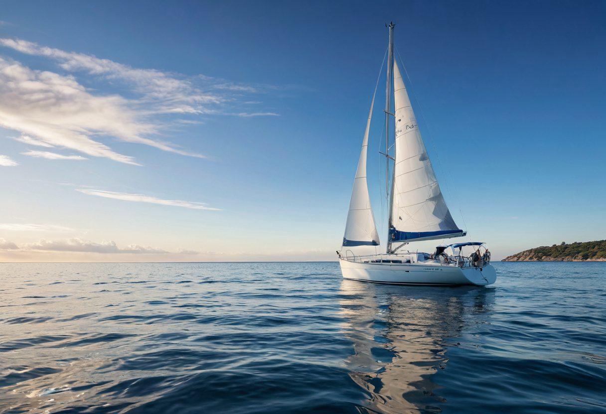 A serene seascape featuring a sleek sailboat gliding over calm waters, with a backdrop of a clear blue sky and distant land. The boat represents successful risk management, showcasing a crew managing navigational equipment and charts carefully. Subtly include insurance documents fluttering in the breeze, symbolizing protection and peace of mind. The scene conveys tranquility, safety, and adventure on the open sea. super-realistic. vibrant colors. 3D.