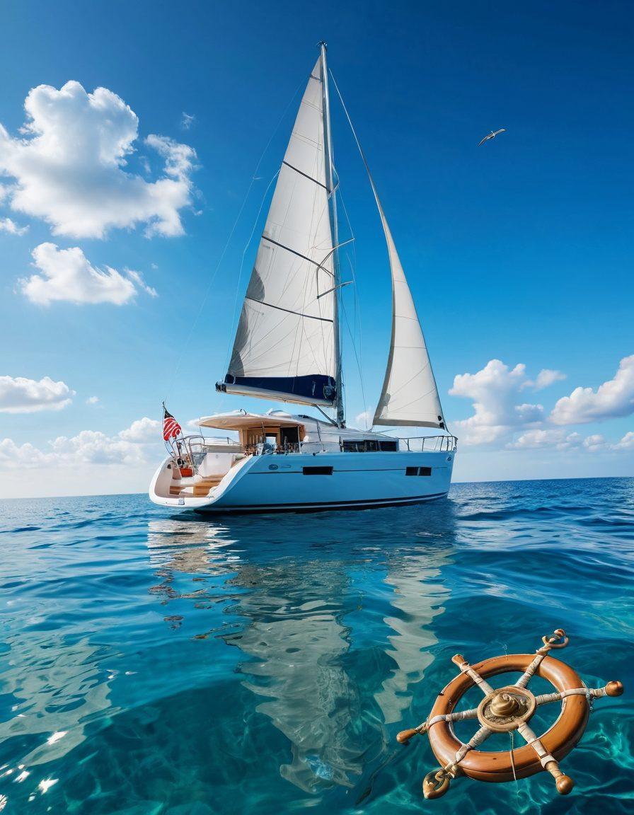 A serene yacht gliding over crystal-clear waters under a bright blue sky, accompanied by various nautical symbols like anchors and compasses. In the foreground, a detailed checklist of yacht insurance options is artistically integrated, showcasing various coverage types. The scene is vibrant and inviting, crowned with playful waves reflecting the sunlight. Elements of safety and adventure are woven in, symbolizing the journey of securing yacht insurance. super-realistic. vibrant colors. 3D.
